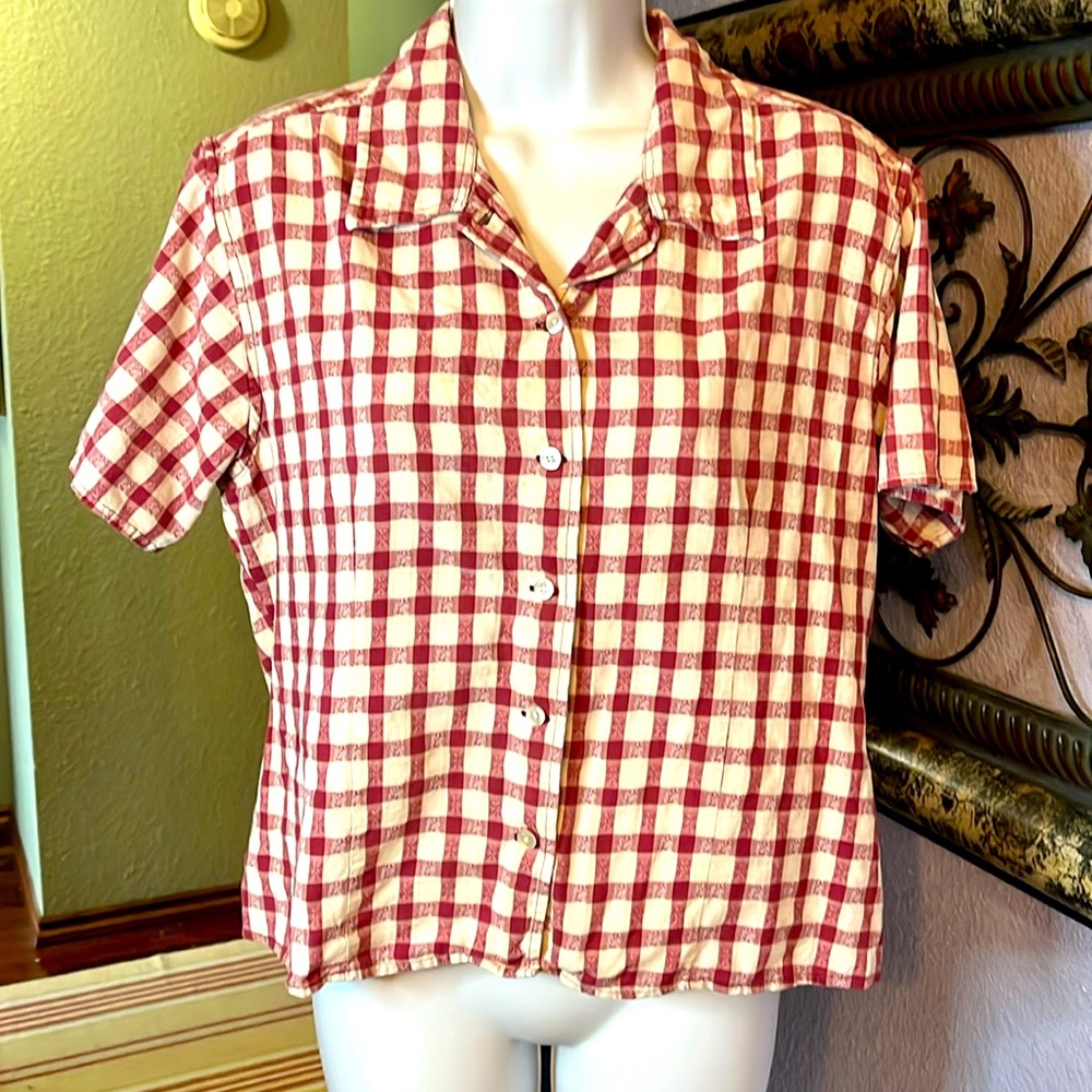 Woolrich Essential Women’s Red /Cream Plaid Button Cotton SS Shirt Sz M